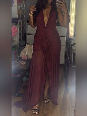 Elegant Deep V Burgundy Evening Dress